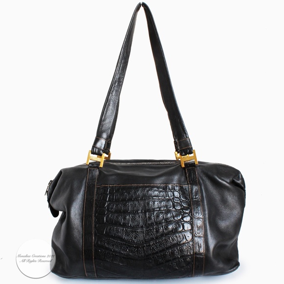Gucci Duffle Bag Black Crocodile and Kid Leather Large Hobo Vintage 1984 + COA - Picture 8 of 17